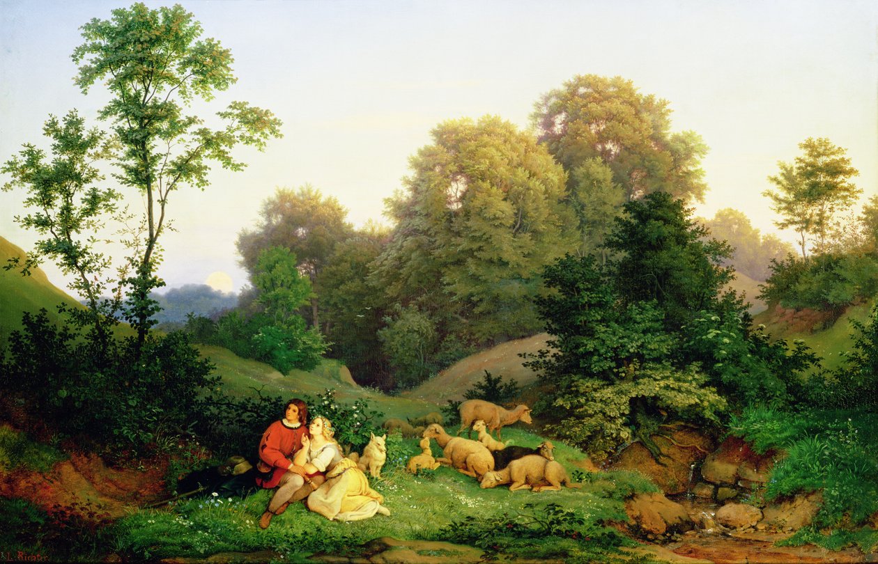牧羊人和牧羊女在德国风景，1844年 作者 路德维希·阿德里安·里希特