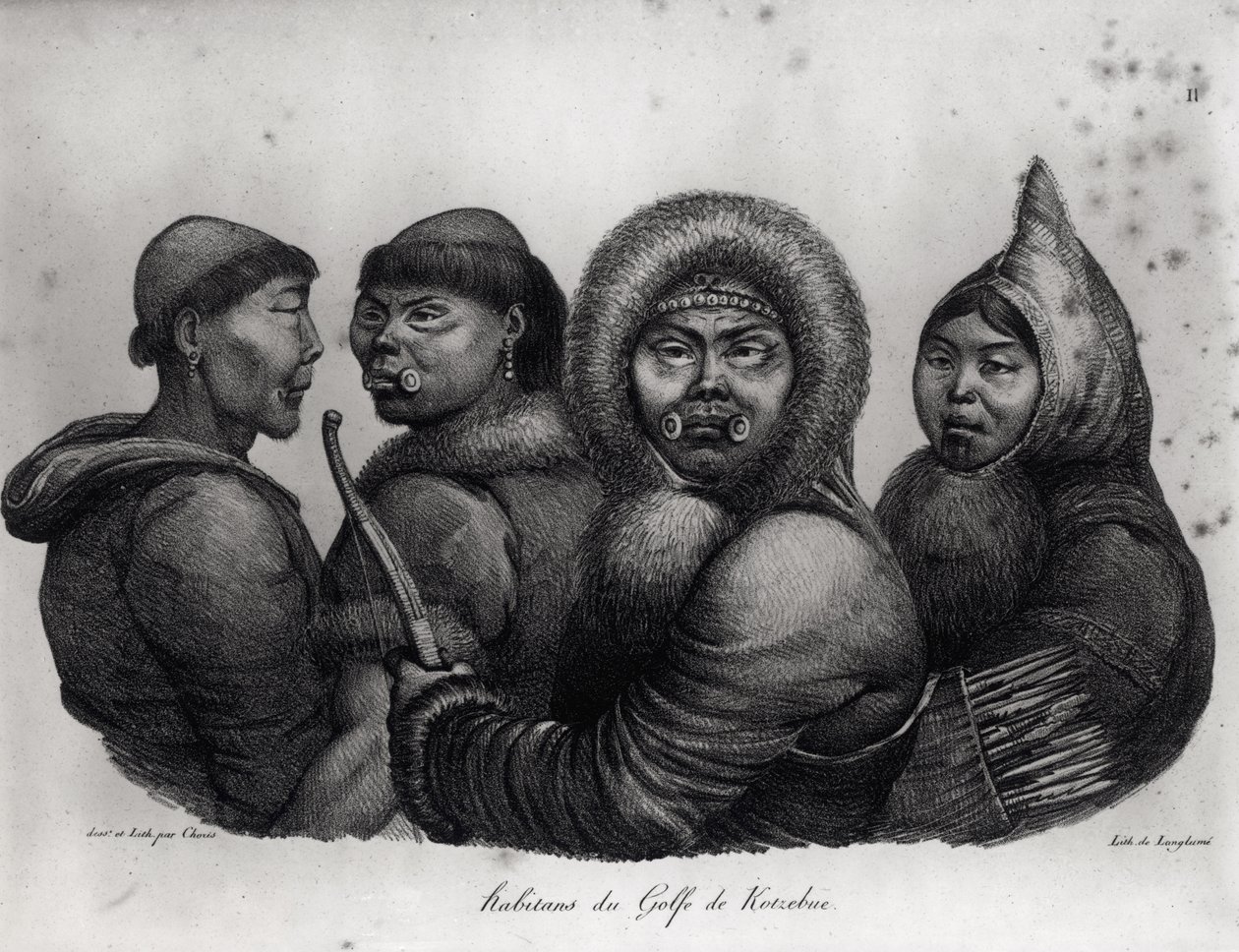 来自“全世界的古雅旅行”的Kotzebue湾的居民，由Langlume雕刻（1822-24） 作者 路德维希·克里斯（Ludwig Choris）