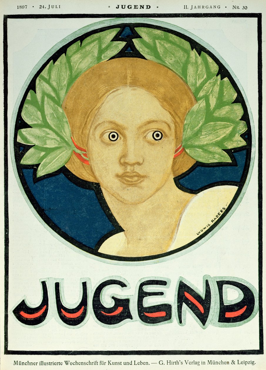 有月桂花圈的少妇，从&39;Jugend&39;杂志的例证，1897年7月24日 作者 路德维希·雷德斯
