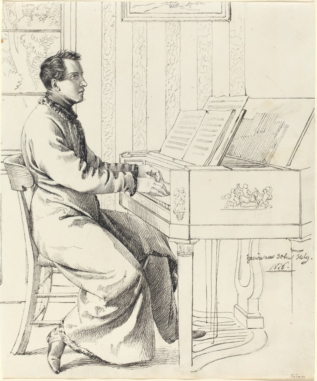 Grimm，Ludwig Emil德国人，1790年至1863年艺术家的兄弟，Ludwig Hassenpflug，准备弹钢琴，1826年（笔和纸上的墨水笔和黑色墨水） 作者 路德维希·埃米尔·格林