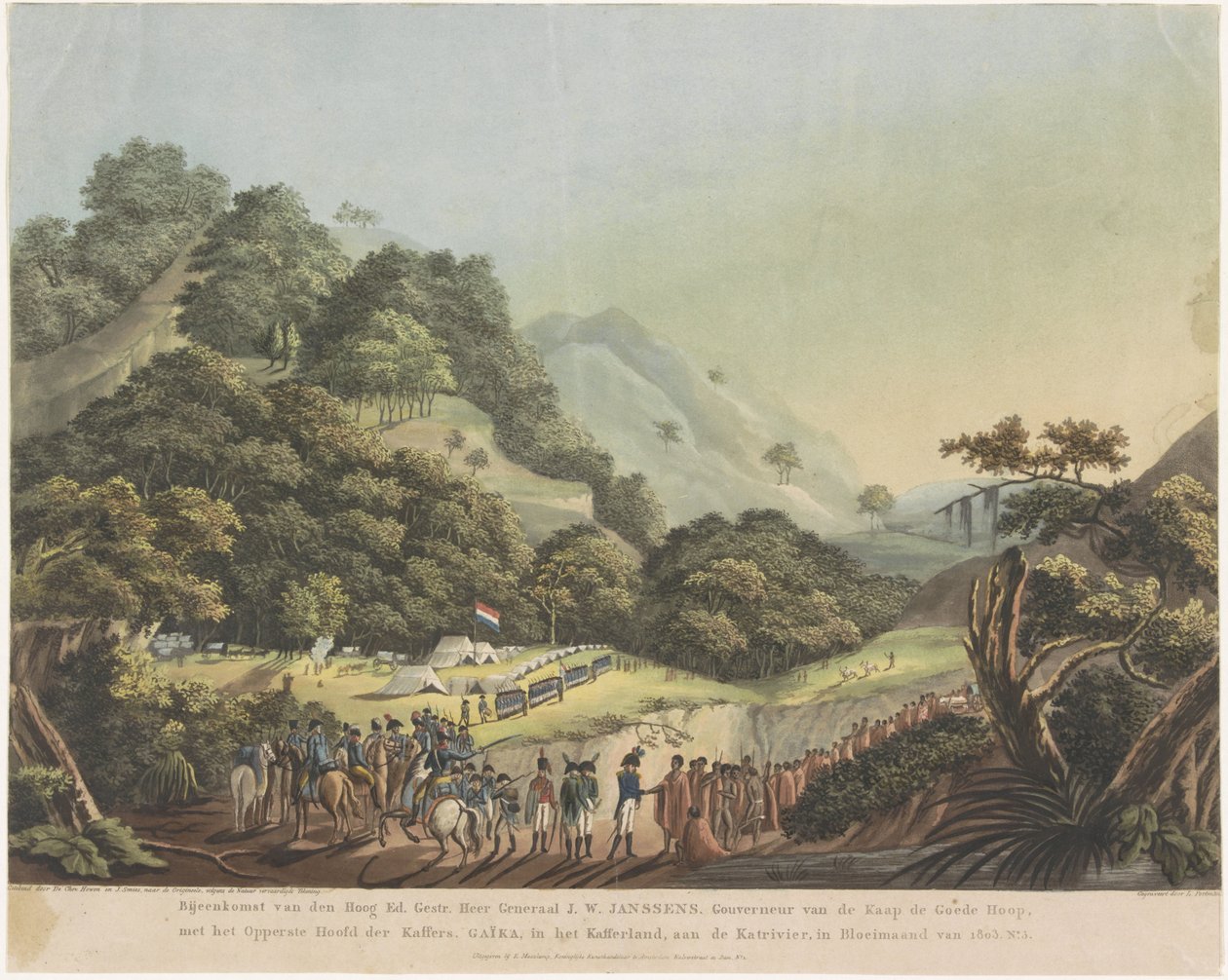 詹森斯总督与科萨族领袖盖卡会面，1803 年 高级教育会议。 手势。 J.W. 上将 詹森斯。 好望角总督与卡菲尔人最高首领。 盖卡 (Gaïka)，卡菲尔国家，卡特里河畔 作者 路德维希·戈特利布·波特曼