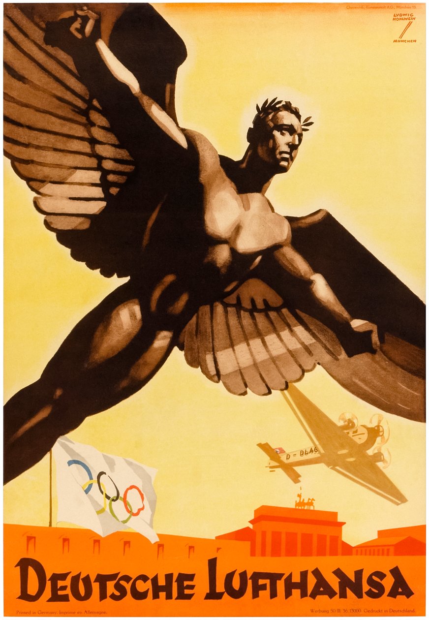 德国汉莎航空公司，德国航空公司宣传 1936 年纳粹德国奥运会的海报（海报） 作者 路德维希·霍尔文