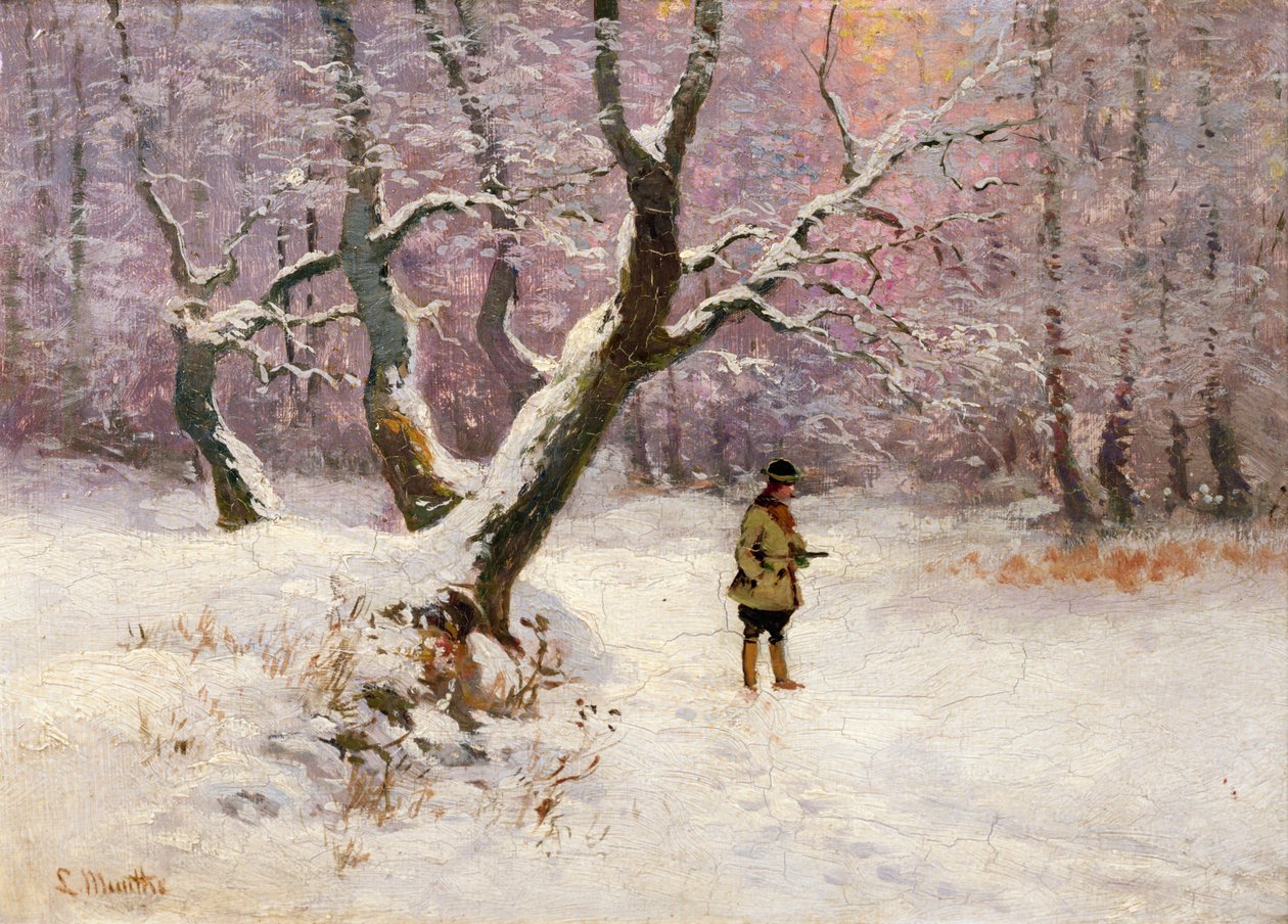 有猎人的冬季风景（布面油画） 作者 路德维希·芒特（Ludwig Munthe）
