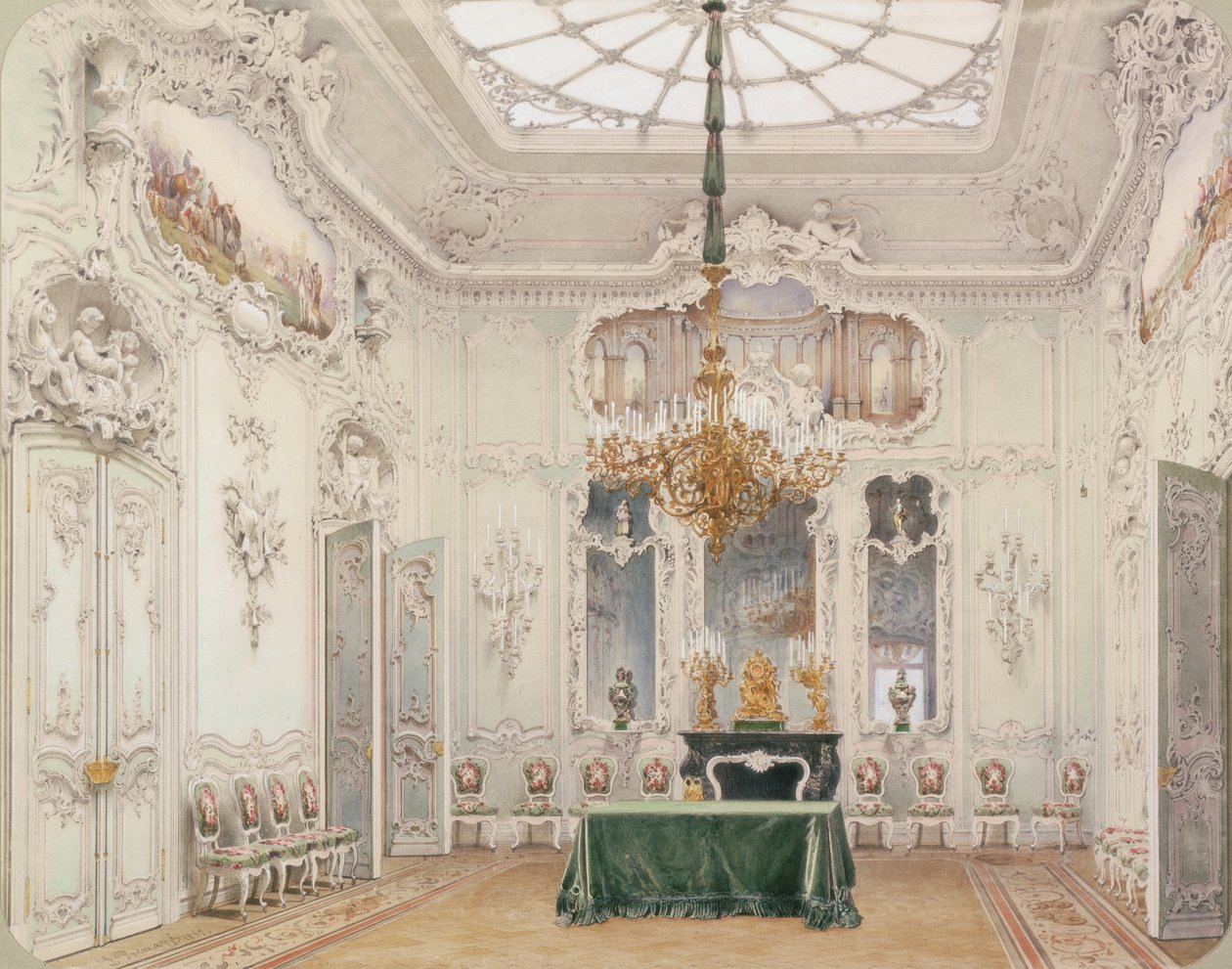 冬宫的内部。绿色餐厅，1852年 作者 路德维希·普雷马齐（Ludwig Premazzi）
