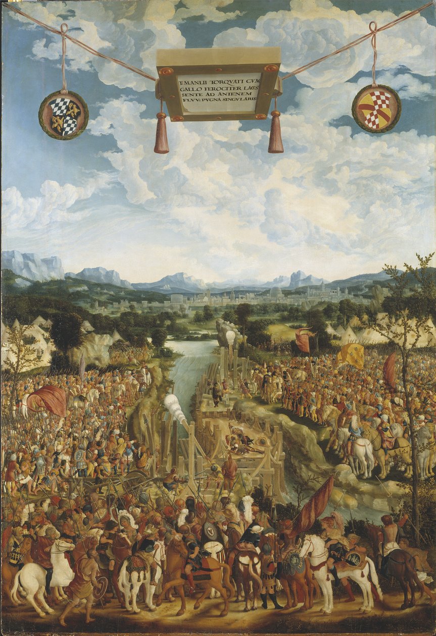 Titus Manlius Imperiosus Torquatus (4eme siecle avant JC) combat un gaulois - Manlius Torquatus Fighting a Gaul, by Refinger, Ludwig (c. 1510-1549). Oil on wood. Dimension : 160x109 cm. Nationalmuseum Stockholm 作者 路德维希·辛格
