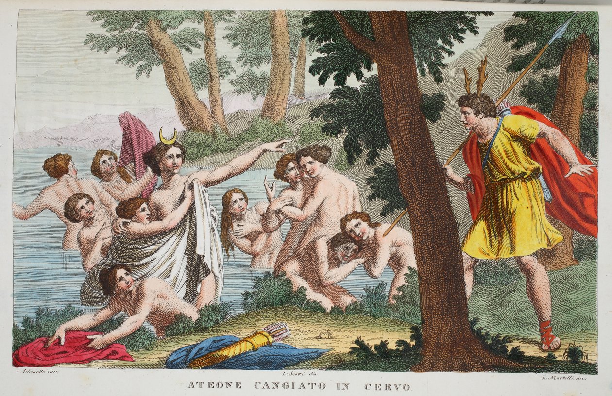 Actaon成为切尔沃的Stag或Ateone Cangiato，插图来自Ovid的Metamorphoses，佛罗伦萨，1832年（手工彩色雕刻） 作者 路易吉·阿德莫洛
