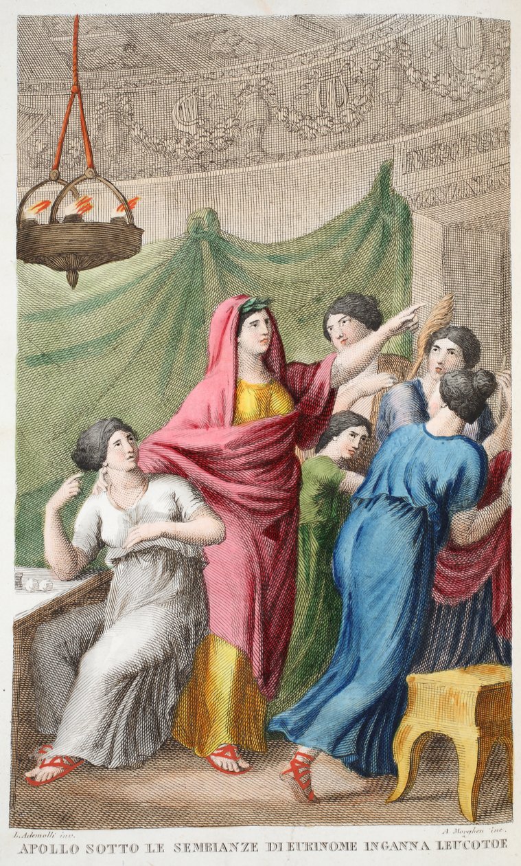 Apollo&39;s Disguise或Apollo sotte le Sembianze di Eukinome Inganna Leucotto，Book IV，Ovid&39;s Metamorphoses插图，佛罗伦萨，1832年（手工彩色雕刻） 作者 路易吉·阿德莫洛