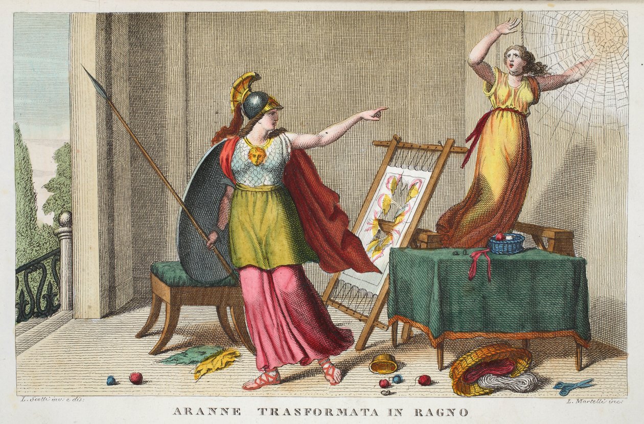 Arachne成为Ragno的蜘蛛或Aranne Trasformata，第六册，奥维德的变形记，佛罗伦萨，1832年的插图（手工彩色雕刻） 作者 路易吉·阿德莫洛