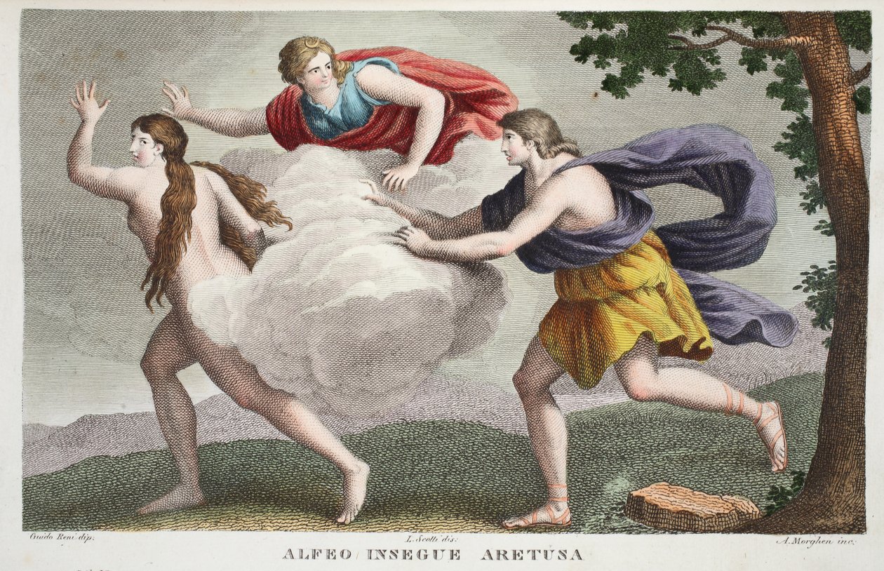 Arethusa进入喷泉或Alfeo Insegue Aretusa，第五册，插图来自奥维德的变形，佛罗伦萨，1832年（手工彩色雕刻） 作者 路易吉·阿德莫洛