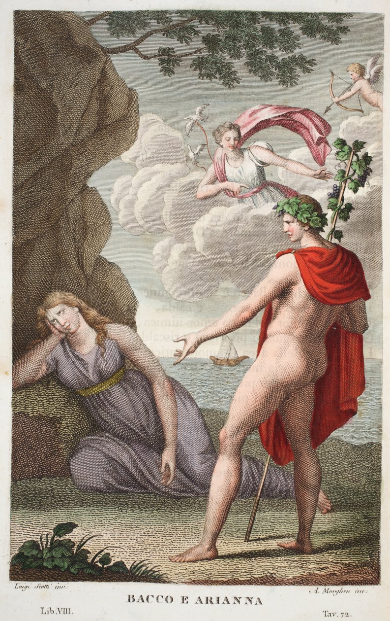 Bacchus和Ariadne或Bacco e Arianna，第八册，插图来自Ovid&39;s Metamorphoses，佛罗伦萨，1832年（手工彩色雕刻） 作者 路易吉·阿德莫洛