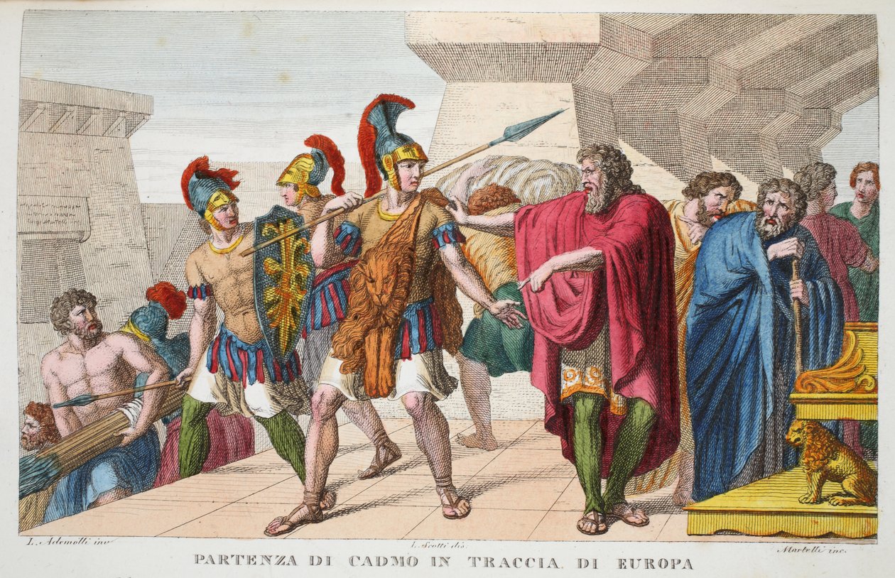 Cadmus在Traccia di Europa中展出或Partenza de Cadmo，第三册，奥维德的变形记，佛罗伦萨，1832年的插图（手工彩色雕刻） 作者 路易吉·阿德莫洛