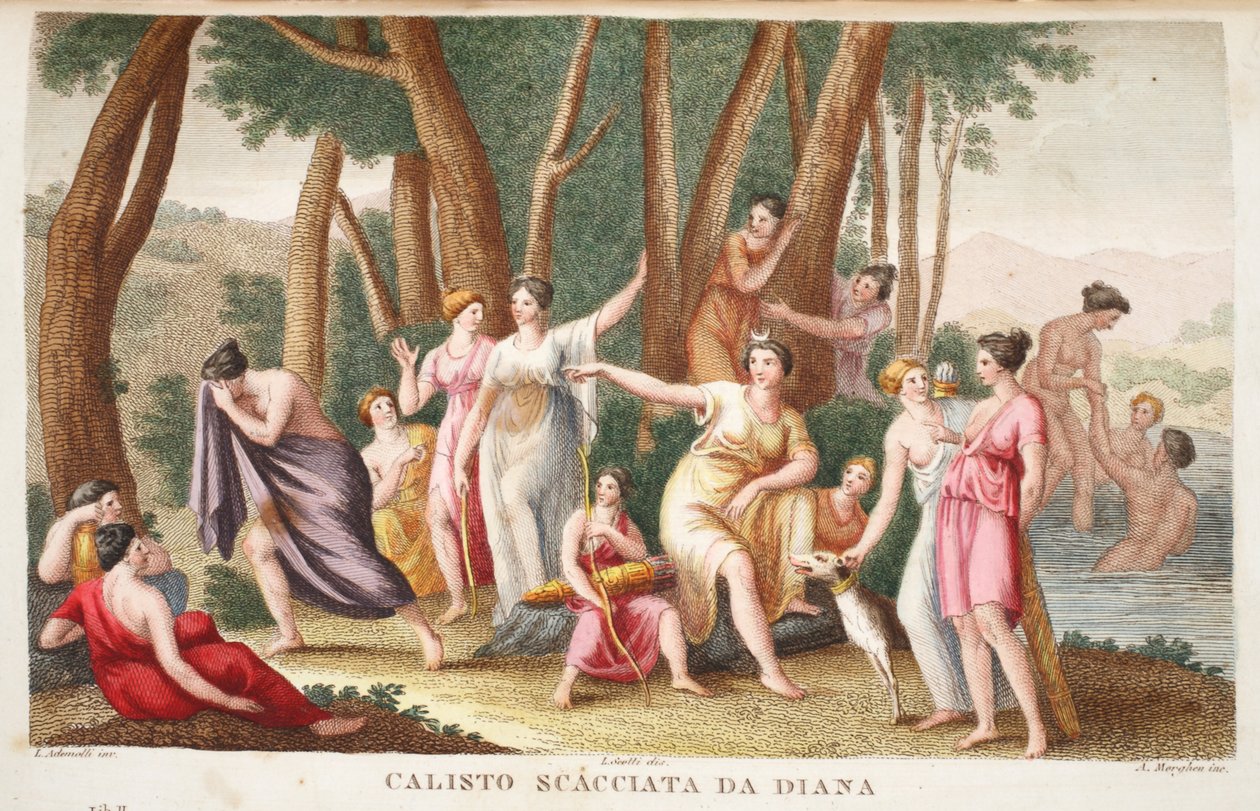 Callisto变成了熊或Calisto Scacciata da Diana，来自Ovid的Metamorphoses，佛罗伦萨，1832年（手工彩色雕刻） 作者 路易吉·阿德莫洛