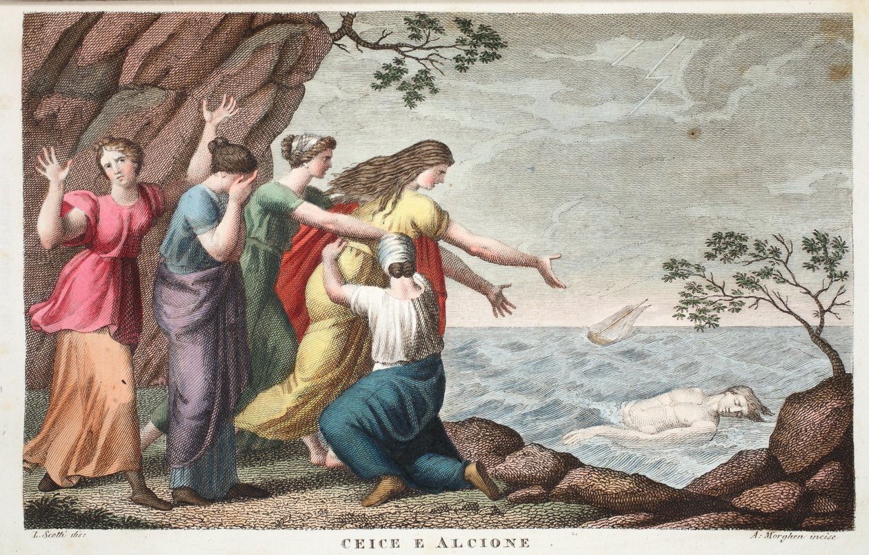 Ceyx和Alcyone或Ceice e Alcione，第十一册，奥维德的变形记录图，佛罗伦萨，1832年（手工彩色雕刻） 作者 路易吉·阿德莫洛