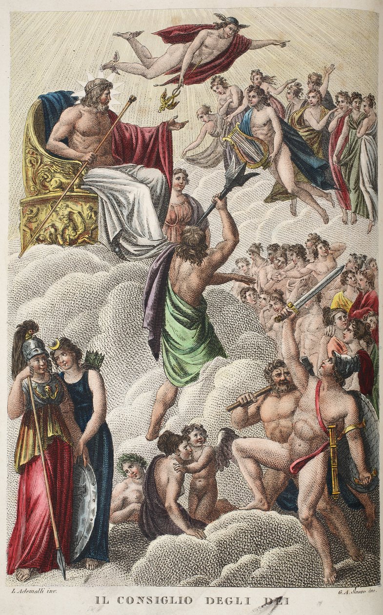 神的委员会或Il Consiglio Degli Dei，第一册，奥维德的变形记的插图，佛罗伦萨，1832年（手工彩色雕刻） 作者 路易吉·阿德莫洛
