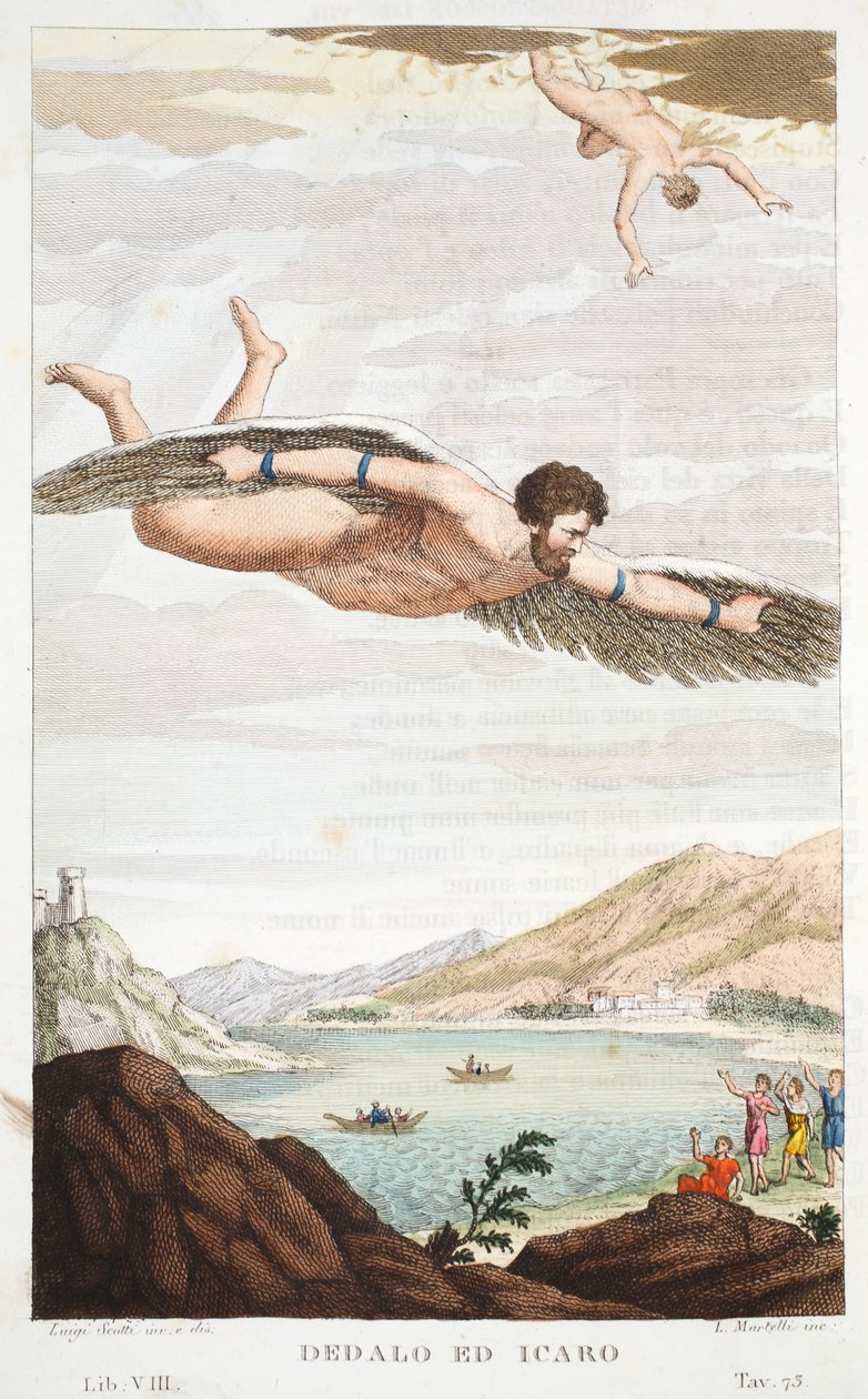 Daedalus和Icarus或Dedalo编辑Icaro，第八册，奥维德的变形记的插图，佛罗伦萨，1832年（手工彩色雕刻） 作者 路易吉·阿德莫洛