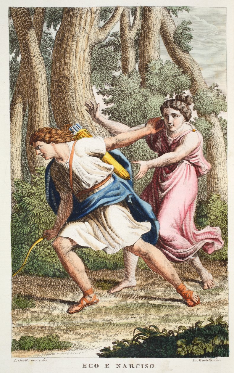 Echo和Narcissus或Eco e Narciso，第三册，插图来自Ovid的变形记，佛罗伦萨，1832年（手工彩色雕刻） 作者 路易吉·阿德莫洛