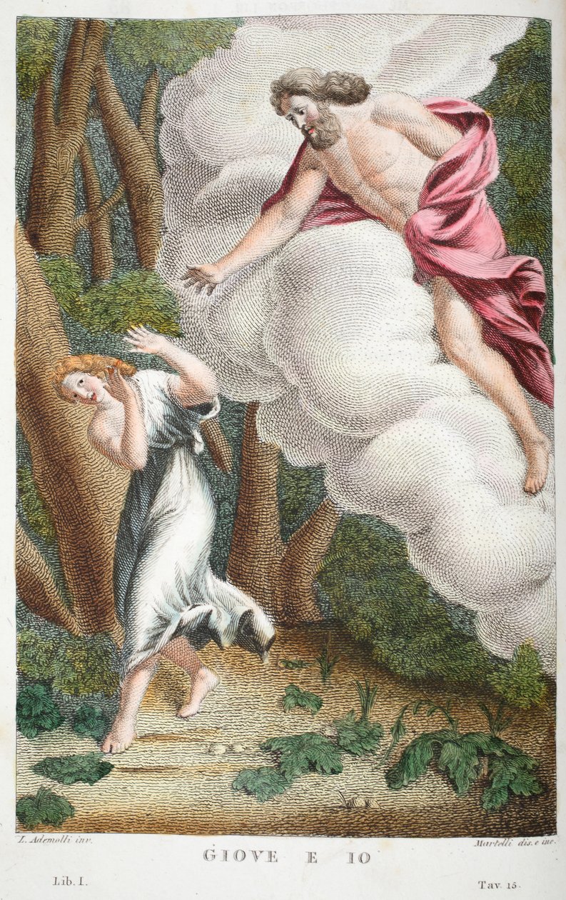 Jove爱上了Io或Giove e Io，第一册，插图来自Ovid&39;s Metamorphoses，佛罗伦萨，1832年（手工彩色雕刻） 作者 路易吉·阿德莫洛