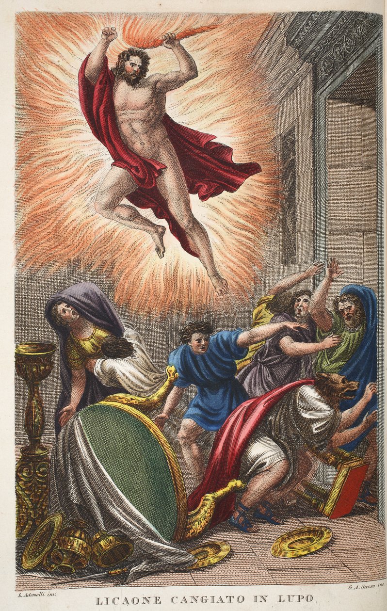 Lycaon成为Lupo的Wolf或Licaone Cangiato，来自Ovid的Metamorphoses，佛罗伦萨，1832年（手工彩色雕刻） 作者 路易吉·阿德莫洛
