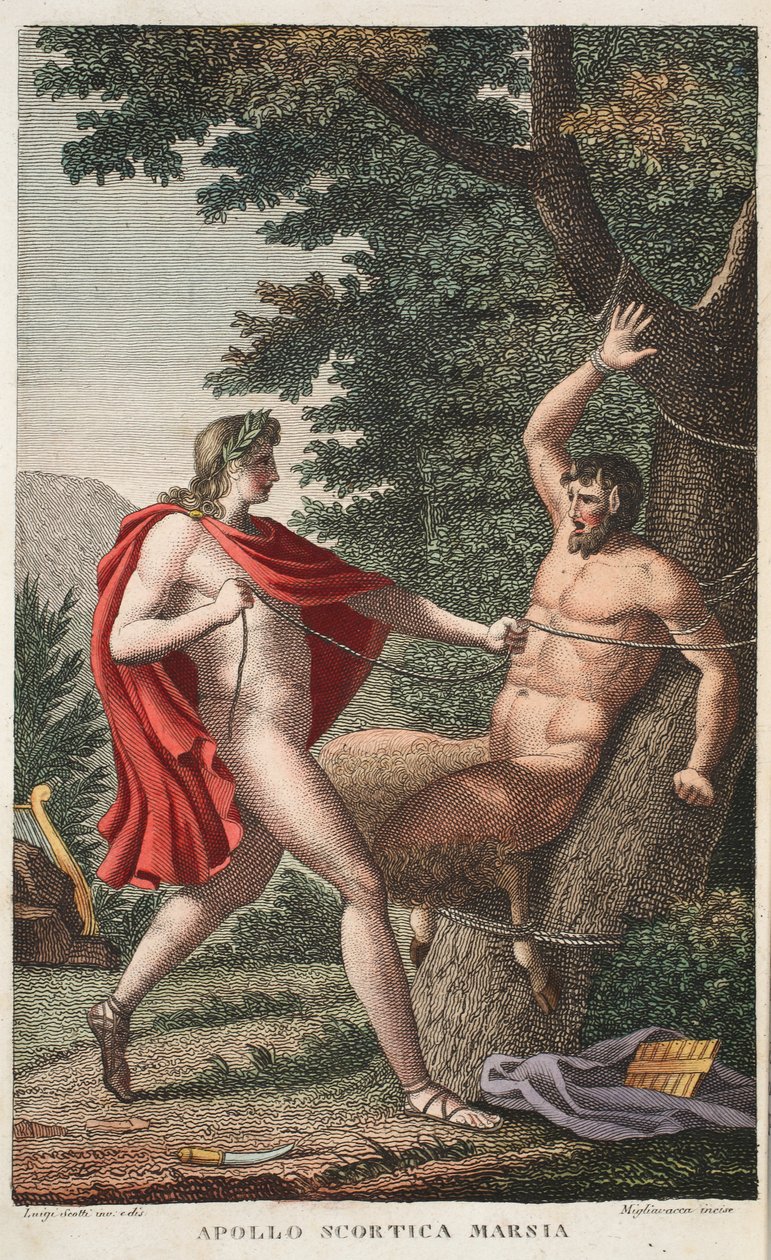 Marsyas被Apollo或Apollo Scortica Marsia剥离，第六册，奥维德的变形记，佛罗伦萨，1832年的插图（手工彩色雕刻） 作者 路易吉·阿德莫洛