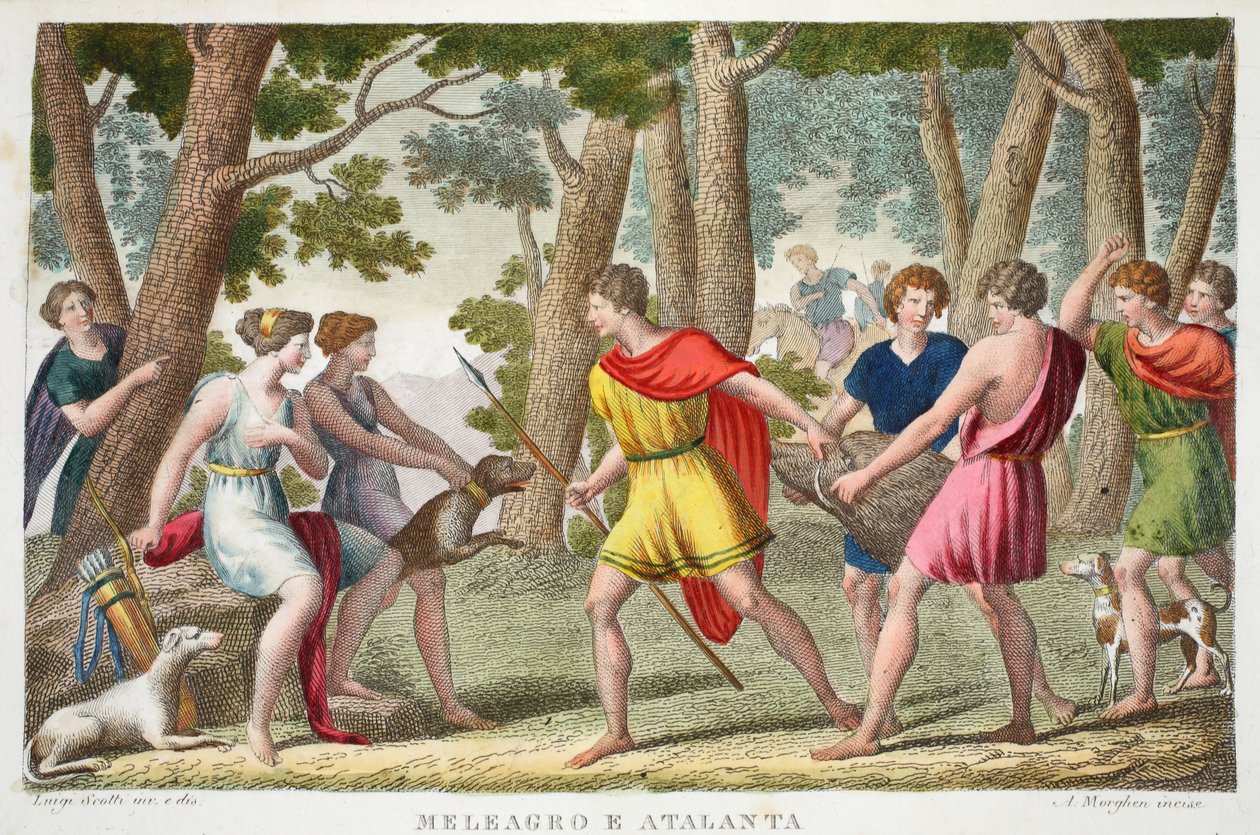 Meleager和亚特兰大或Meleagro e Atalanta，第八册，插图来自Ovid&39;s Metamorphoses，佛罗伦萨，1832年（手工彩色雕刻） 作者 路易吉·阿德莫洛