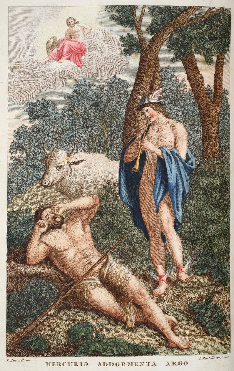 Mercury将Argus置于睡眠状态或Mercurio Addormenta Argo，来自Ovid的Metamorphoses，佛罗伦萨，1832年的插图（手工彩色雕刻） 作者 路易吉·阿德莫洛