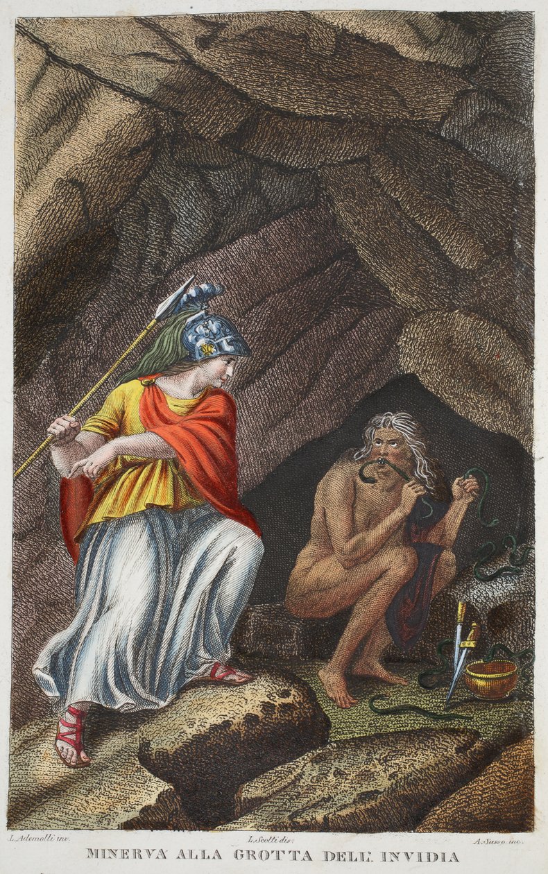 Minerva访问Envy或Minerva所有Grotta熟食店Invidia，插图来自Ovid的Metamorphoses，佛罗伦萨，1832年（手工彩色雕刻） 作者 路易吉·阿德莫洛