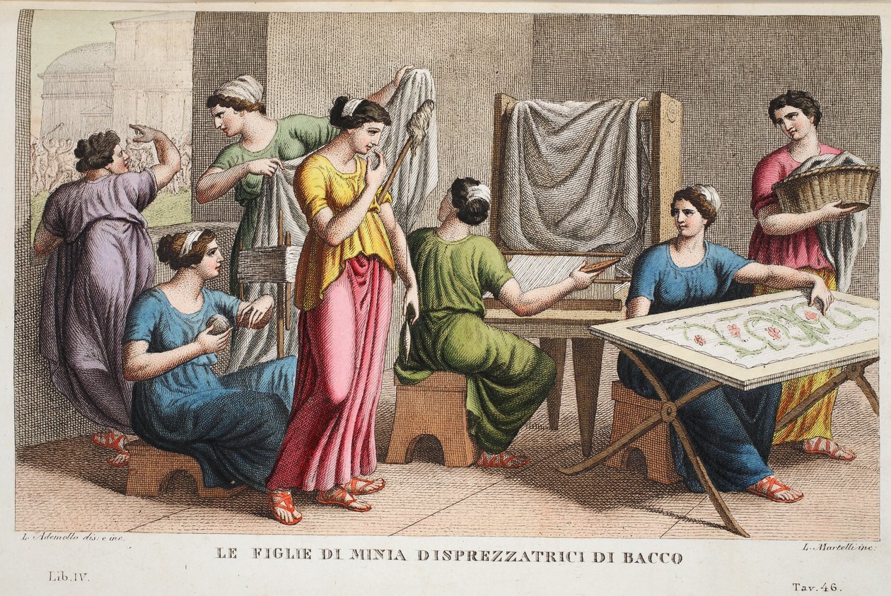 Minyades或Figlie di Minia Disprezzatrici di Bacco，Book IV，来自Ovid&39;s Metamorphoses的插图，佛罗伦萨，1832年（手工彩色雕刻） 作者 路易吉·阿德莫洛