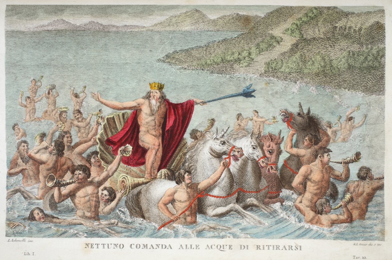 海王星平静波浪或Nettuno Comanda alle Acque di Ritirarsi，第一册，插图来自奥维德的变形记，佛罗伦萨，1832年（手工彩色雕刻） 作者 路易吉·阿德莫洛