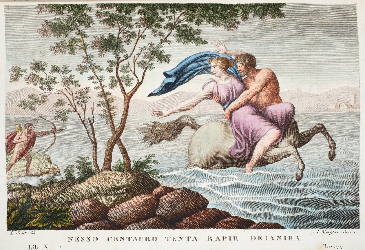 Nessus和Deianira或Nesso Centauro tenta rapir Deianira，第九册，插图来自Ovid&39;s Metamorphoses，佛罗伦萨，1832年（手工彩色雕刻） 作者 路易吉·阿德莫洛