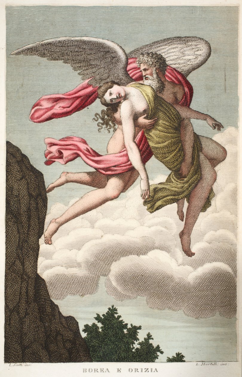Orithyia被Boreas或Borea e Orizia强奸，第六册，奥维德的变形记，佛罗伦萨，1832年的插图（手工雕刻） 作者 路易吉·阿德莫洛