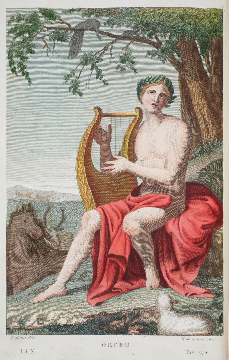 Orpheus或Orfeo，插图来自Ovid的Metamorphoses，佛罗伦萨，1832年（手工彩色雕刻） 作者 路易吉·阿德莫洛