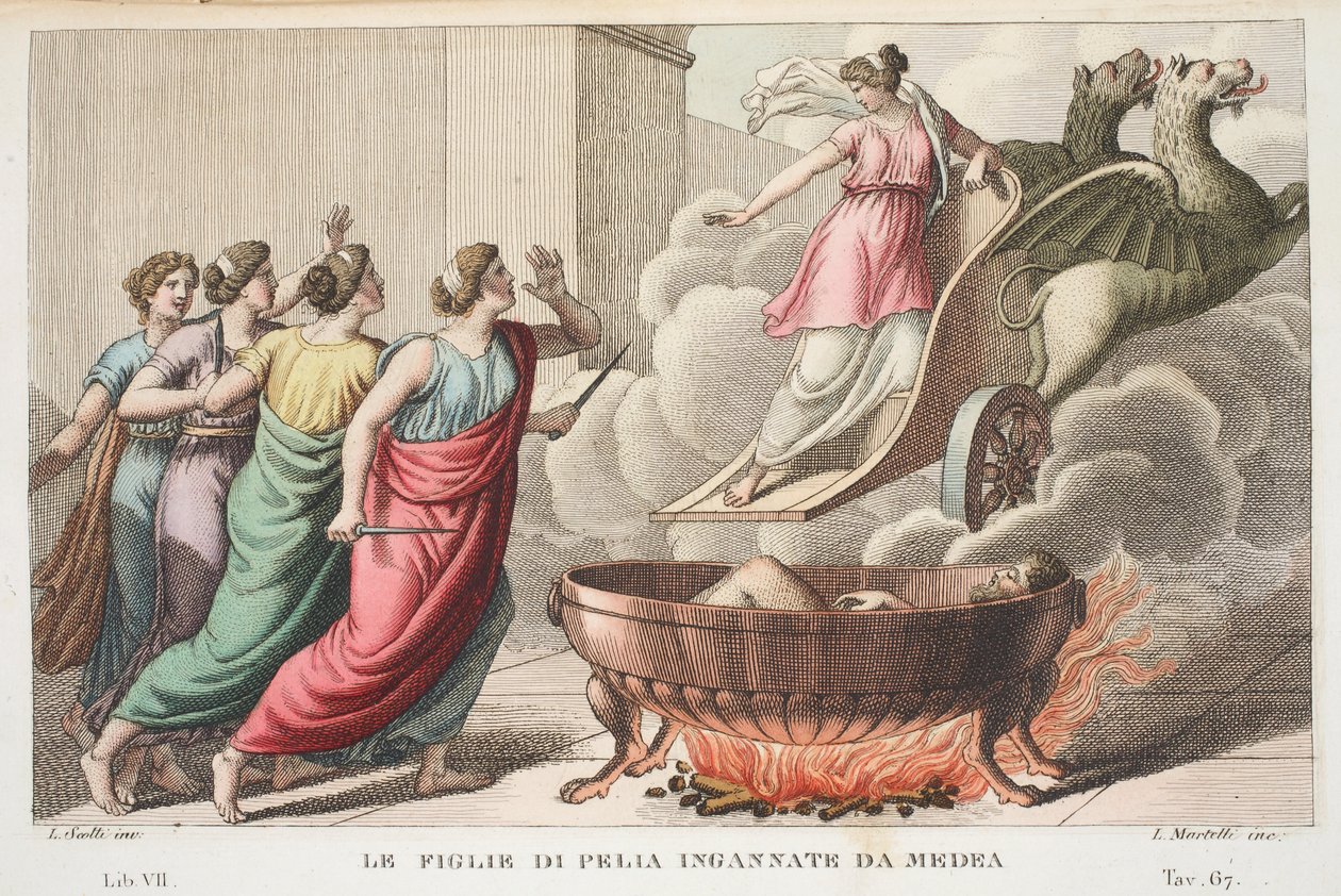 Pelias和他的女儿或Le Figlie di Pelia Ingannate da Medea，第七册，插图来自奥维德的变形记，佛罗伦萨，1832年（手工彩色雕刻） 作者 路易吉·阿德莫洛
