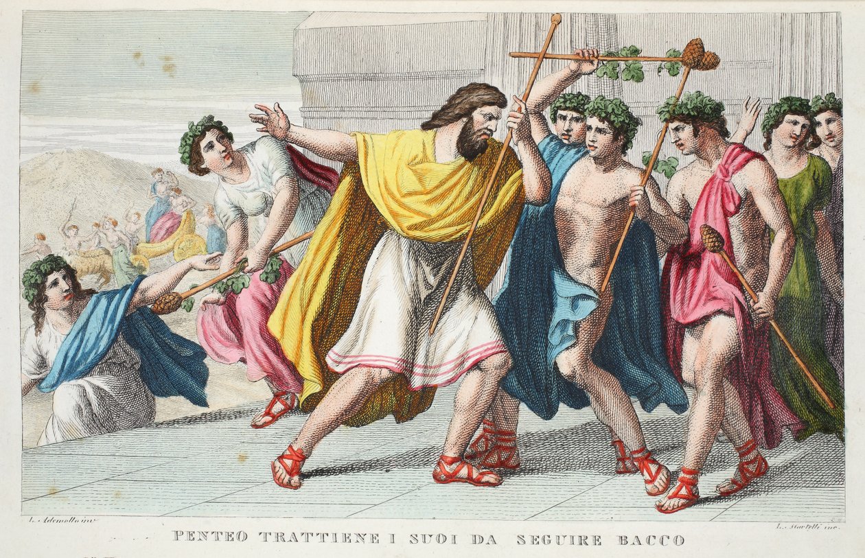 Pentheus Persecutes Bacchus的门徒或Penteo Trattiene我suoi da Seguire Bacco，第三册，插图来自奥维德的变形记，佛罗伦萨，1832年（手工彩色雕刻） 作者 路易吉·阿德莫洛