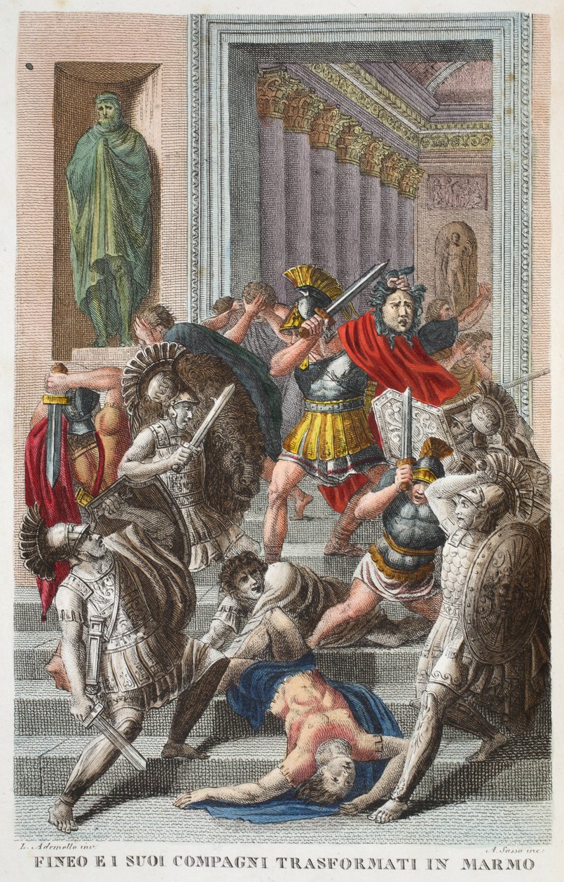 Phineus和朋友进入Stone或Fineo ei suoi Compagni Transformati in Marmo，Book V，插图来自Ovid&39;s Metamorphoses，佛罗伦萨，1832年（手工彩色雕刻） 作者 路易吉·阿德莫洛