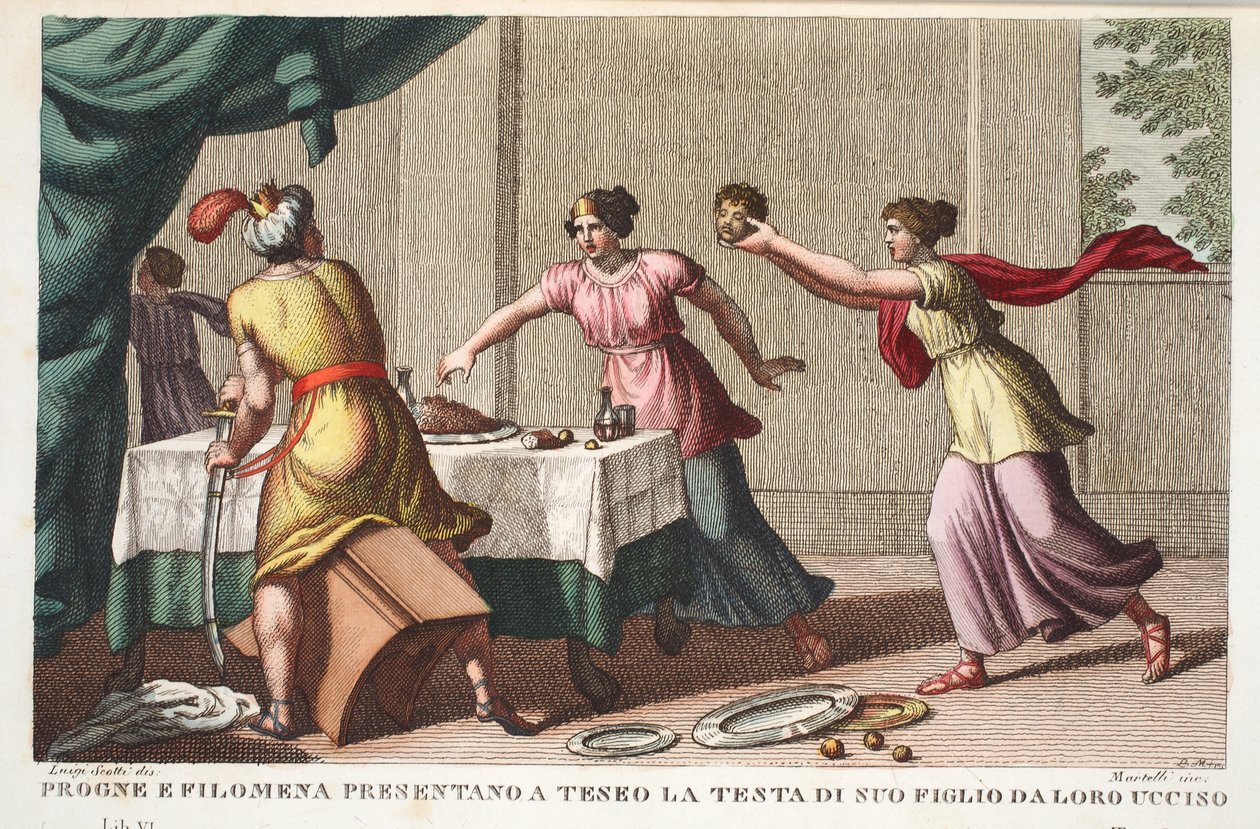 Procne，Philomela和Tereus Driven Insane或Progne和Filomena向Teseo赠送了她的儿子的头，他们被杀，第六册，来自Ovid的Metamorphoses，佛罗伦萨，1832年的插图（hand-coloure 作者 路易吉·阿德莫洛