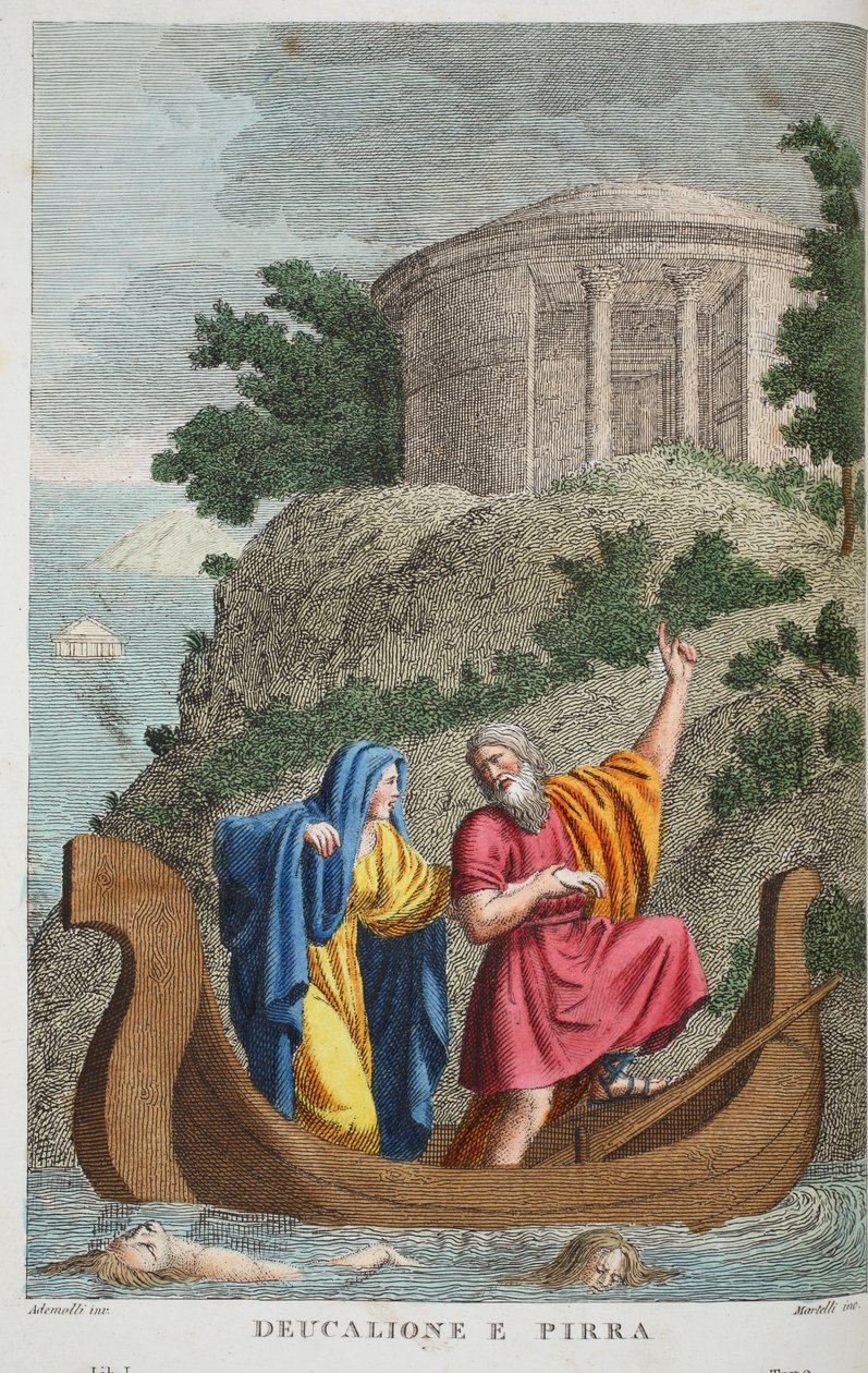 Pyrrha和Deucalion或Deucalione e Pirra，来自奥维德的变形记，佛罗伦萨，1832年（手工彩色雕刻） 作者 路易吉·阿德莫洛