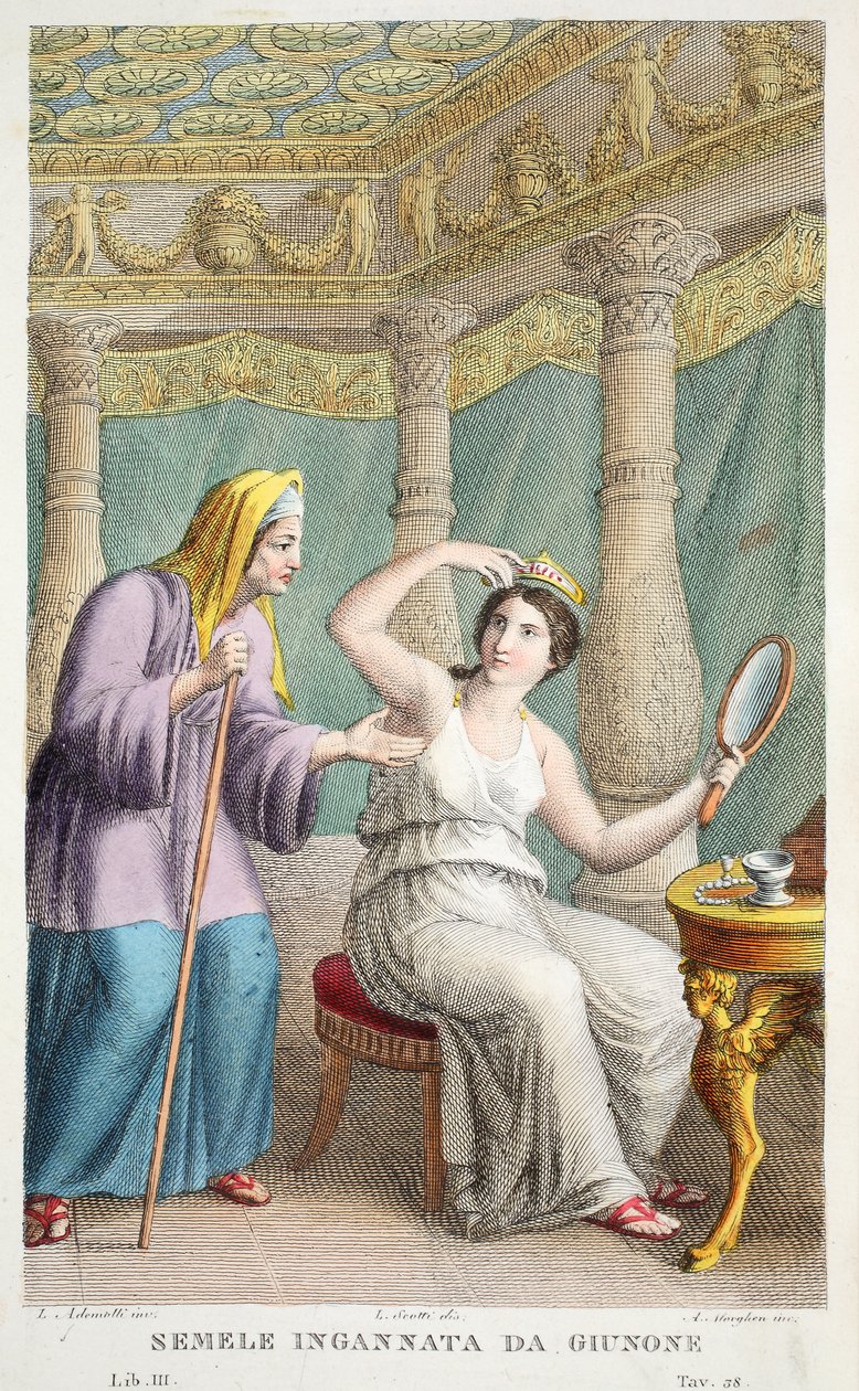 Semele是Deceived或Semele Ingannata da Giunone，来自Ovid的Metamorphoses，佛罗伦萨，1832年的插图（手工雕刻） 作者 路易吉·阿德莫洛