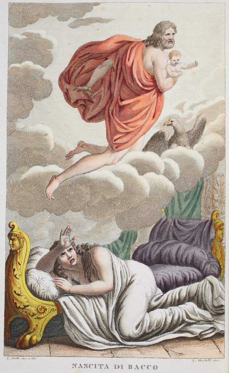 Semele是Thunderstruck或Nascita de Bacco，来自Ovid的Metamorphoses，佛罗伦萨，1832年（手工彩色雕刻） 作者 路易吉·阿德莫洛