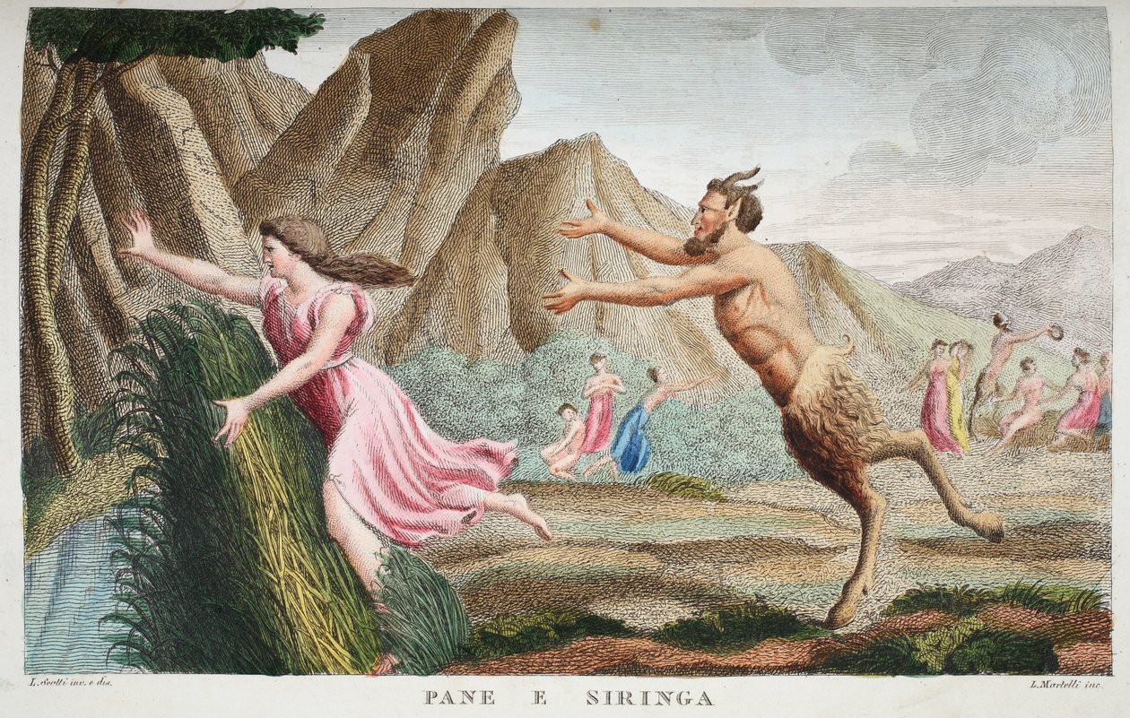 Syrinx成为Reed或Pane e Siringa，第一册，插图来自Ovid的Metamorphoses，佛罗伦萨，1832年（手工彩色雕刻） 作者 路易吉·阿德莫洛
