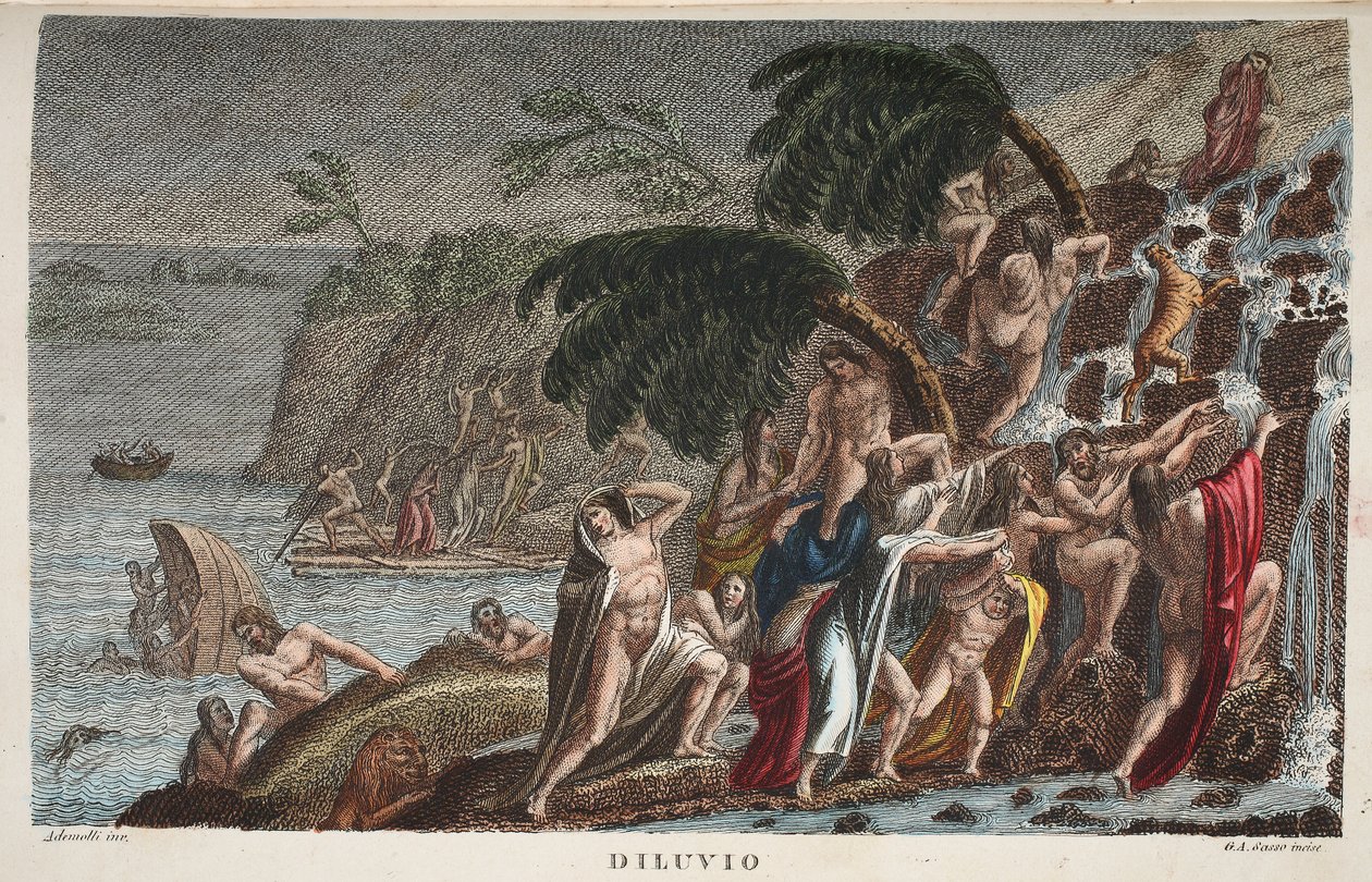 洪水或Diluvio，第一册，奥维德的变形记的插图，佛罗伦萨，1832年（手工彩色雕刻） 作者 路易吉·阿德莫洛