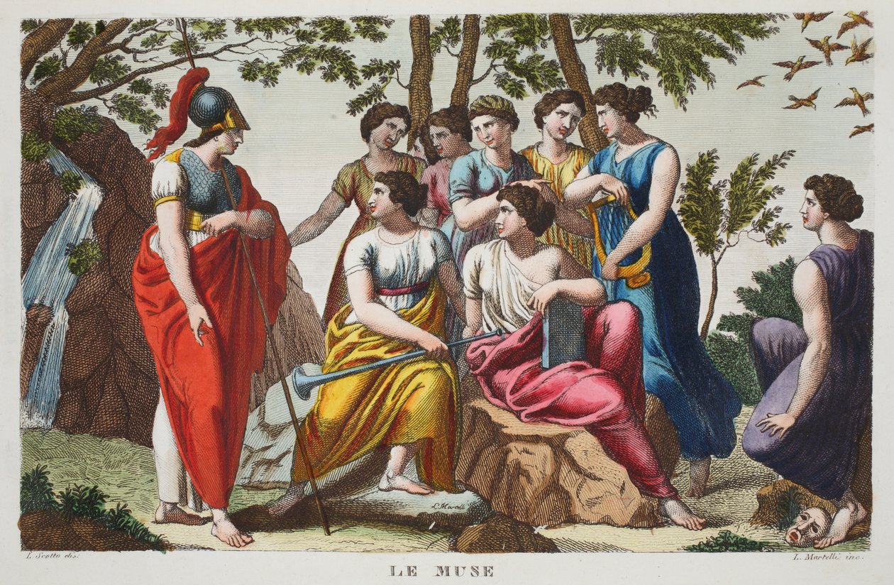 缪斯或Le Muse，第五册，奥维德的变形画插图，佛罗伦萨，1832年（手工雕刻） 作者 路易吉·阿德莫洛