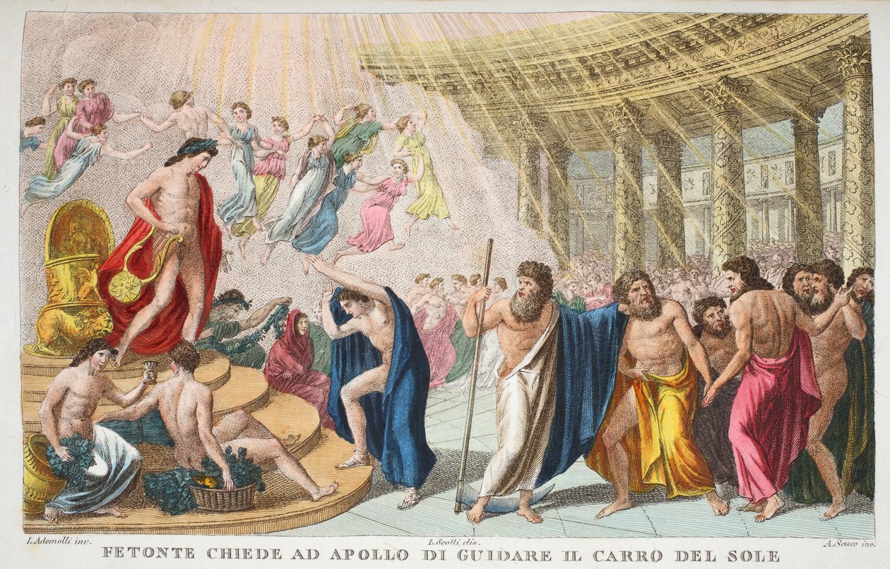 太阳宫或Fetonte Chiede ad Apollo di Guidare il carro del Sole，Book II，插图来自奥维德的变形金刚，佛罗伦萨，1832年（手工彩色雕刻） 作者 路易吉·阿德莫洛
