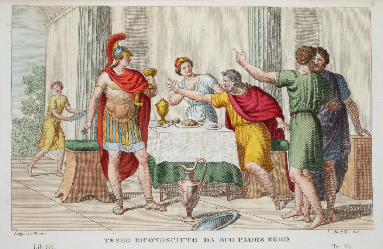 忒修斯认可或Teseo Riconosciuto da Suo Padre Egeo，第七册，插图来自Ovid&39;s Metamorphoses，佛罗伦萨，1832年（手工彩色雕刻） 作者 路易吉·阿德莫洛