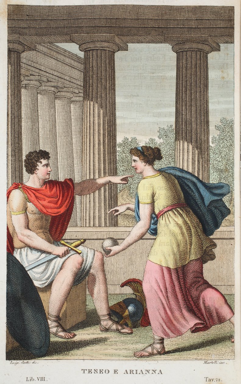 忒修斯和Ariadne或者Terro e Arianna，第八册，奥维德的变形记，佛罗伦萨，1832年的插图（手工雕刻） 作者 路易吉·阿德莫洛