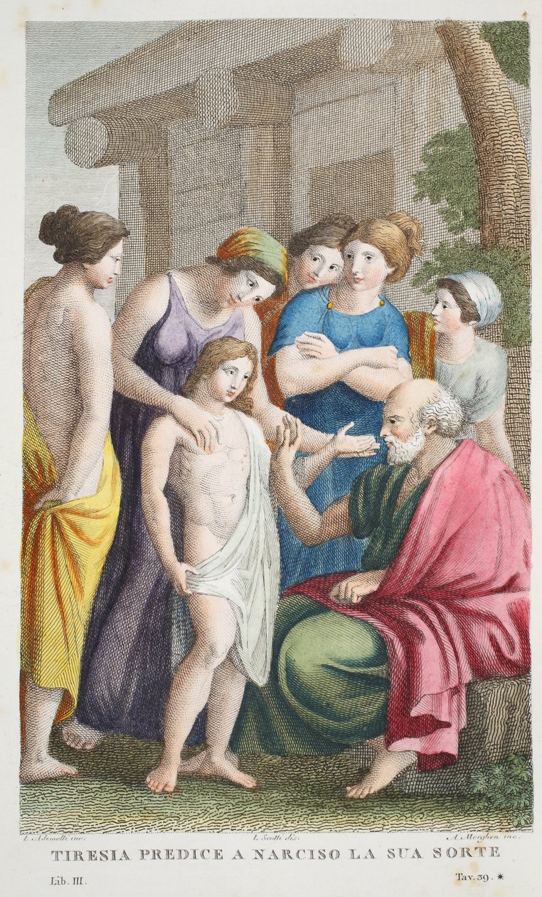 Tiresias Prophesies或Tirenia预测Narciso la sua sorte，Book III，插图来自Ovid的Metamorphoses，佛罗伦萨，1832年（手工彩色雕刻） 作者 路易吉·阿德莫洛