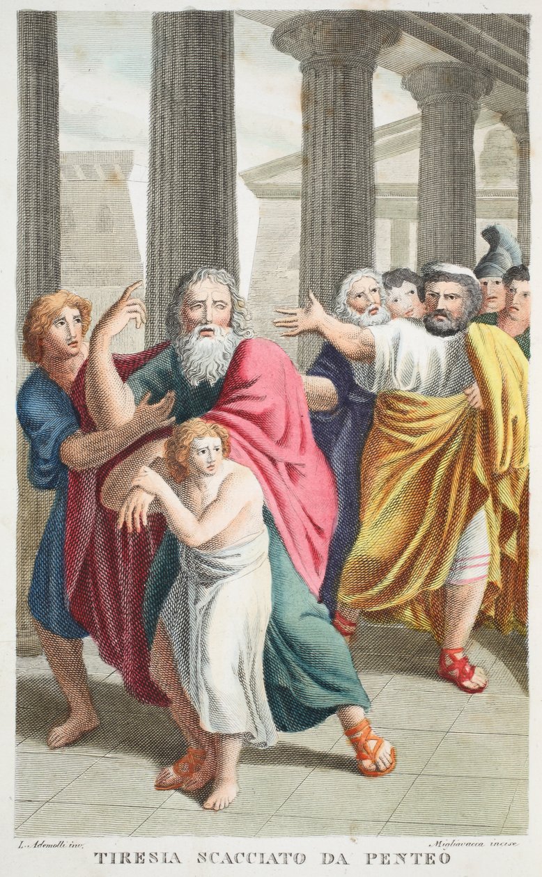 Tiresias被Pentheus或Tirenia Scacciato da Penteo解雇，第三册，奥维德的变形记，佛罗伦萨，1832年的插图（手工彩色雕刻） 作者 路易吉·阿德莫洛
