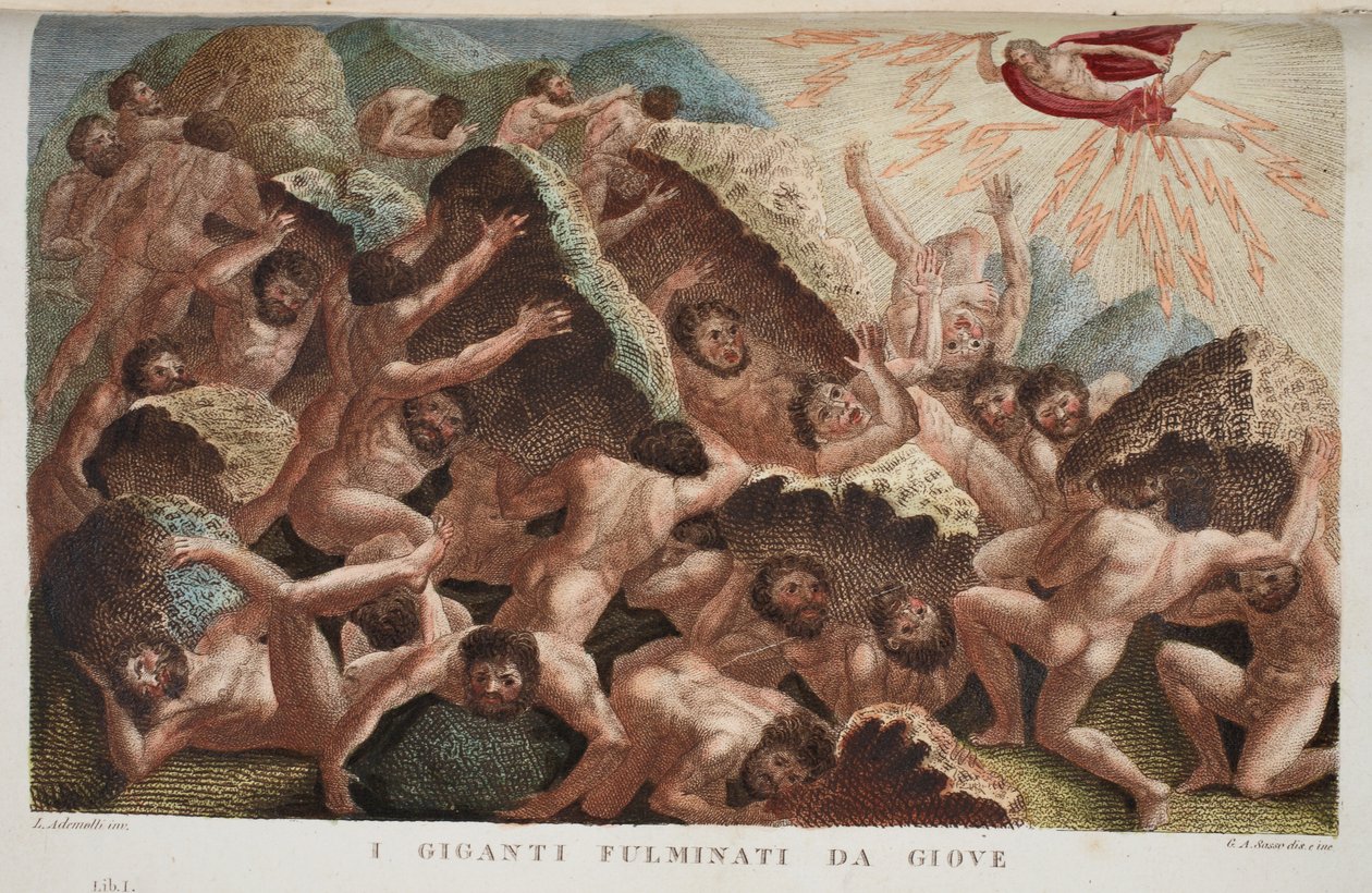 巨人对抗Jove或我的战争Giganti Fulminati da Giove，第一册，奥维德的变形记的插图，佛罗伦萨，1832年（手工彩色雕刻） 作者 路易吉·阿德莫洛