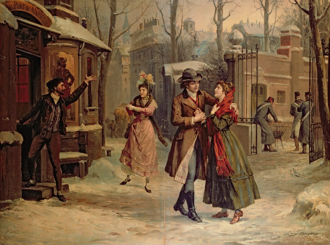 Mimi和Rodolfo在Giacomo Puccini（1858-1924）歌剧“La Boheme”中的场景 作者 路易吉·莫加里（Luigi Morgari）
