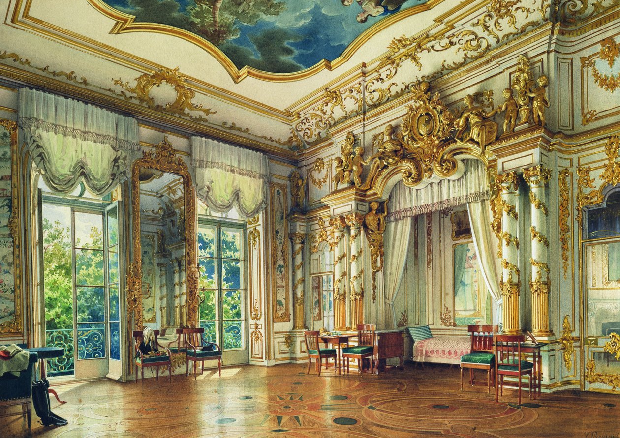沙皇亚历山大一世卧室在亚历山大宫，Tsarskoye Selo，1855年（纸张上的白色和白色） 作者 路易吉·普雷马齐（Luigi Premazzi）