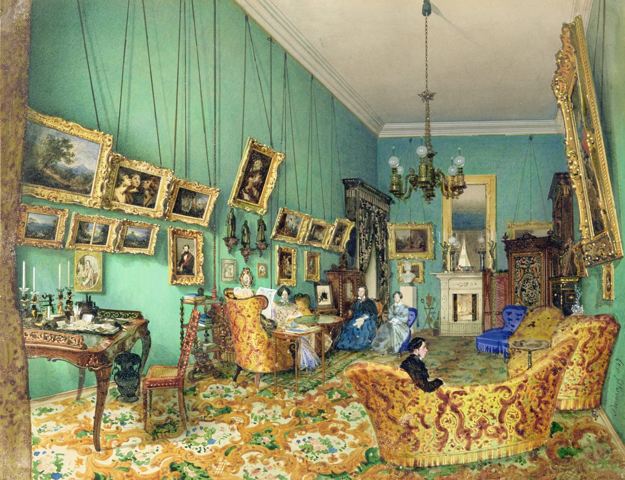 客厅的内部，1847年（纸上的水彩和白色） 作者 路易吉·普雷马齐（Luigi Premazzi）